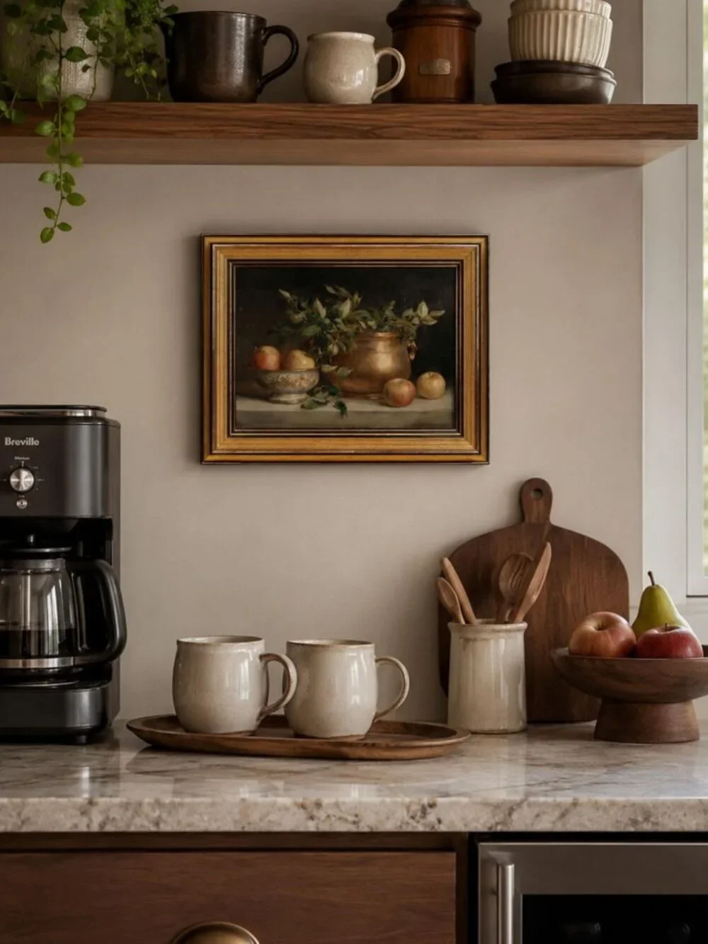 Vintage Apple Still Life Wall Art - Gold Framed Canvas Decor for Kitchen